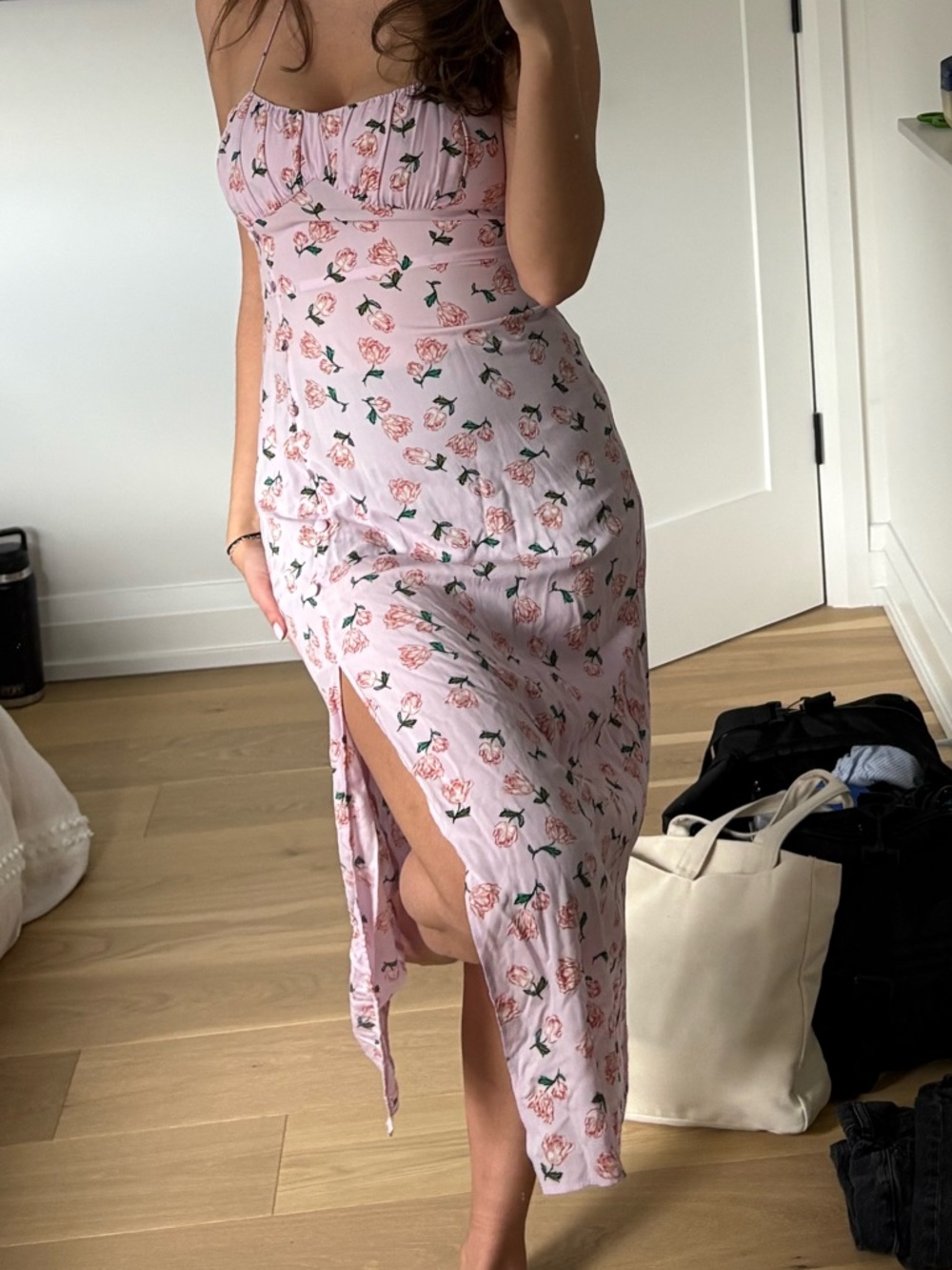 Zara Pink Floral Strapless Midi Dress with Side Slit